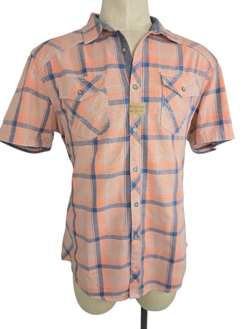 BKE Plaid T-shirt with orange and blue stripes men's size XL